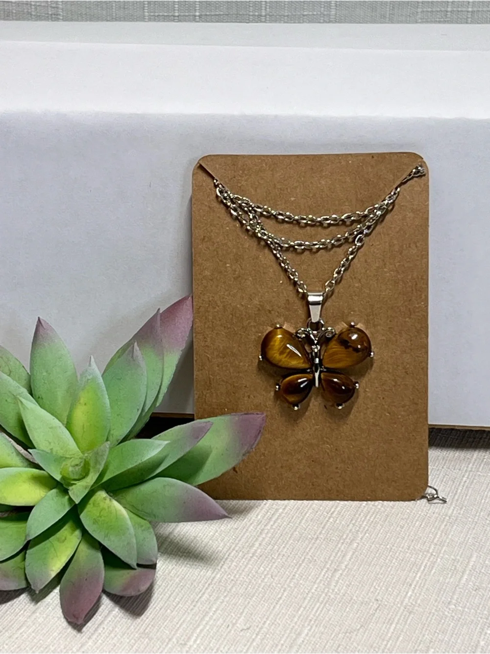 Tiger Eye Butterfly Pendant Necklace Silver Tone Brown Gemstone NEW